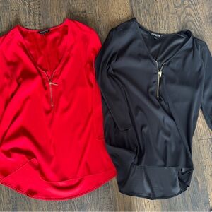 Express Women's Red and Black Zip-Front Tops quarter length sleeves
